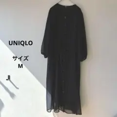 ユニクロ　ブラック　七分袖　ドット柄　ワンピース　サイズM シアー素材　前開き