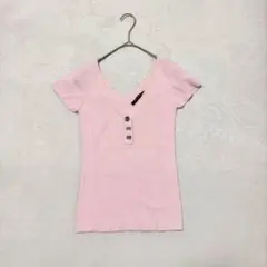 【イング】リブニットトップス（M）Vネック カジュアル 半袖 シンプル