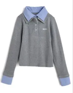 シャツレイヤード風ポロニットトップス　グレイル