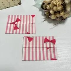 ポケットティッシュケースミニ2枚☆リボンストライプ ピンク☆ハンドメイド