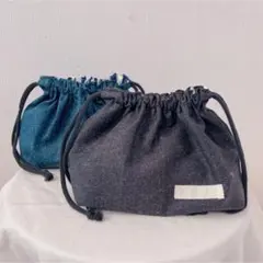 お弁当袋 巾着 男の子 女の子 モノトーン シンプル デニム調 無地 黒 紺