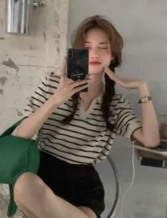 SHEIN シーイン アイボリー ボーダー 半袖 ニットトップスのサムネイル