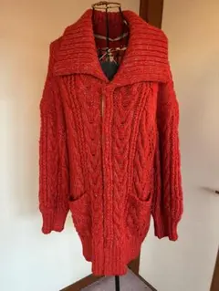レッド ケーブルニット ロングカーディガン
