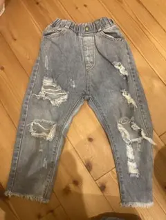 韓国子供服ダメージデニムパンツ 100cm グレー