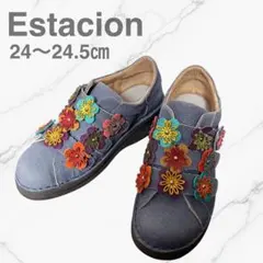 【希少】Estacion フラワーモチーフ スニーカー 本革 デニム風　レザー