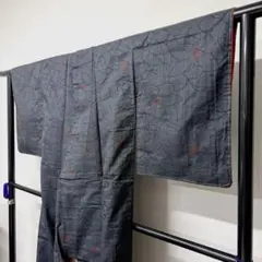 小紋　大島紬　花模様　ネイビー　オレンジ裏地　着物　013t