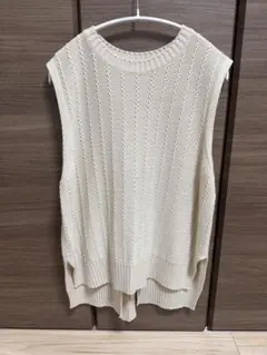 アイボリー リブ編みニットベスト 後ろリボン付き