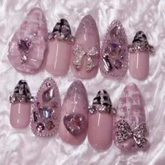 現品 量産型 ワンホン ちゅるん ピンク ツイード リボン ネイルチップ 【4】