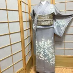 ［5797］訪問着 枝花文様 駒刺繍 ぼかし 銀彩 正絹 着物 袷