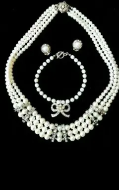 貝パール 3連 ジルコニア ネックレス リボン ブレスレット イヤリング c08
