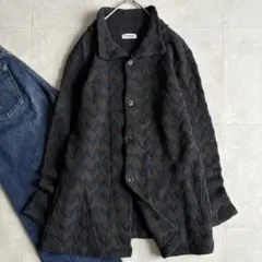 Plantation ジャガード柄 ニットカーディガン 紺×茶 M 幾何学模様