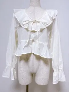 【美品】GU ジーユー フリルカラーブラウス ホワイト M 長袖