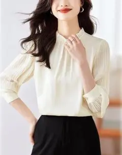 M ブラウス 長袖 スタンドカラー ハイネック 無地 おしゃれ 大人 オフィス