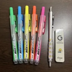 ノック式蛍光ペン、0.9シャーペン等　、スヌーピーぬいぐるみセット