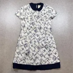 レトロ柄ワンピース 半袖 ネイビー襟 Aライン 日本製風 上品 古着