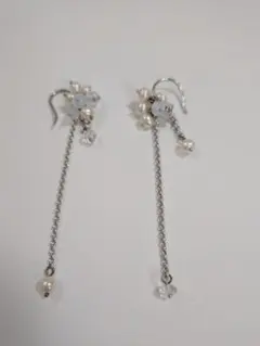 淡水パールビーズとビジューのロングチェーンピアス