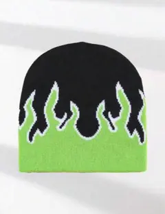 【新品】ビーニー ニット帽 帽子 ストリート y2k 海外 ブラック 黄緑 炎