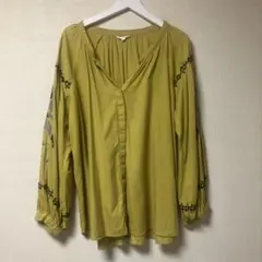 【美品】刺繍入りマスタードブラウス ゆったり チュニック 長袖 ナチュラル系