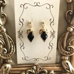 5976　ピアス　ゴールド　ハンドメイド　イヤリング交換無料　ブラック黒ドロップ