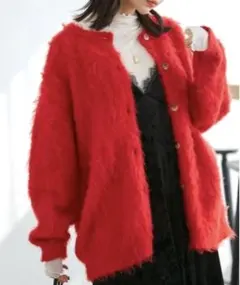 VIS　くるくるシャギーチュニックカーディガン　赤　フリーサイズ