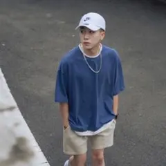 重ね着風Tシャツ ブルー XL 半袖 シンプル メンズ トレンド 韓国 無地