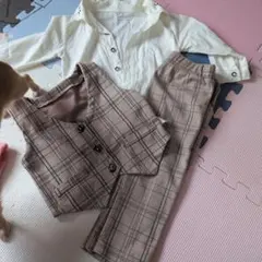 ベージュ系チェック ベストとパンツセットフォーマル入園式用子供用