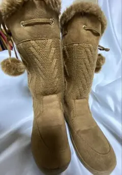 ブラウン【キャメル】のお写真ファー付きニットスエード調 ブーツ