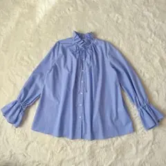 美品　イエナ　IENA ストライプ　フリルカラー　シャツ　ブラウス　Ｆ　ブルー系 美品 イエナ IENA ストライプ フリルカラー シャツ ブラウス F