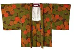 和装コート 羽織 袷 深緑 蜀江文様 レトロモダン 羽裏は唐子 八角格子 古典柄