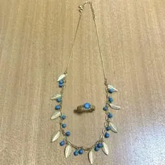 リーフモチーフ ターコイズ　ネックレス　リング　セット　昭和レトロ