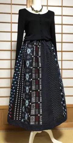 033H1着物リメイク古布・久留米絣・書生絣・紬 パッチワークロングスカート