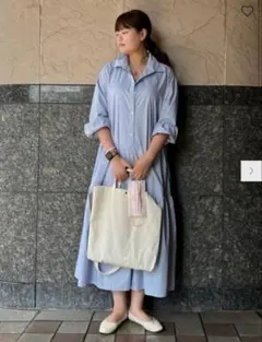 新品タグ付　GU ギャザー切り替えシャツワンピース　ブルー　ストライプ　s