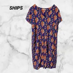 SHIPS シップス 花柄ワンピース 膝丈 総柄 Vネック レーヨン 紺