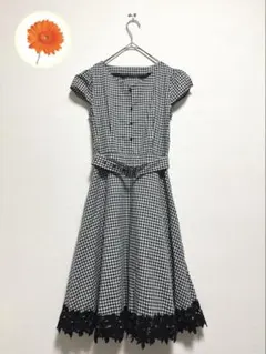 M トッコクローゼット　ベルト　ワンピース　ギンガムチェック　黒　刺繍　ぽわん袖