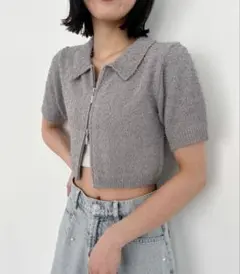 Heather ダブルジップ クロップド丈 ニット 半袖 グレーのサムネイル