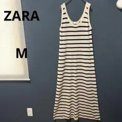 【美品】ザラ　ボーダー　ノースリーブマキシワンピース　薄手　ベージュ×ネイビーM