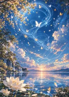 【水彩画風】 蒼穹の蝶と睡蓮 ― 光が降りる幻想湖 ―幻想風アート