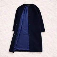 美品✨INDIVI ノーカラーコート ネイビー ウール ロング レディース36