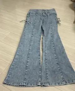 リボン付きハイウエストスキニーフレアデニム