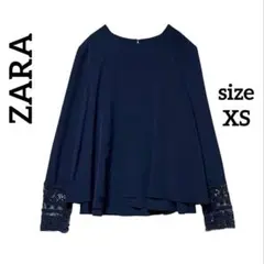 2380 ザラ ブラウス シャツ レース袖 2層レイヤード シフォン XS 紺のサムネイル