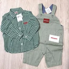 miki HOUSE 緑チェックシャツとオーバーオール 90cm