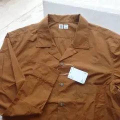 ユニクロ メンズ 長袖 オープンカラーシャツ ブラウン/L