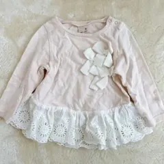 petit main リボン付き 裾フリルトップス 80