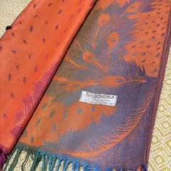 高級カシミヤ100% パシュミナ 大判ストール フェザー柄 オレンジ×パープル