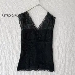 レトロガール タンクトップ Vネック レース スケ感 上品 黒 夏 Mのサムネイル