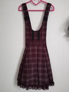 アクシーズ えんじ色のチェック柄ジャンドレ フレアレースワンピース