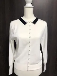 ホワイト/ネイビー パール付きニット　QVC