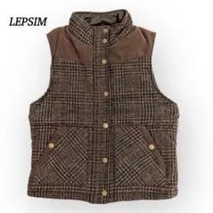 レプシィム ベスト【F】チェック柄 コーデュロイ切替 中綿 ジップアップ 茶