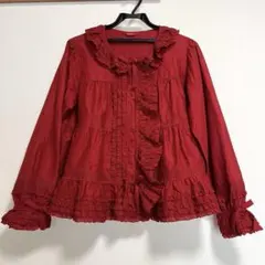 美品 ピンクハウス オーバーブラウス 豪華ピコフリル リボン レッド