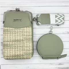 ミニショルダーバッグ グリーン 2WAY がま口風 ストラップ付き